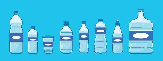 Set of plastic water bottles in various shapes and sizes, healthy blue drinking water packed in bottles, recyclable, and easy to store liquids. vector