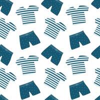 Seamless pattern featuring playful striped shirts and shorts on a clean white background. vector