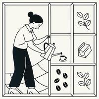 Serene Woman Brewing Coffee in a Cozy, Minimalist Kitchen Setting, Enjoying a Peaceful Morning Routine vector
