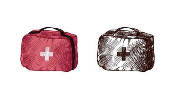 Hand drawn vintage sketch of first aid medical kit in red color and monochrome version, emergency bag illustration vector