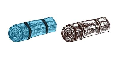 Hand drawn vintage sketch of camping mat in blue and monochrome version, rolled sleeping pad illustration vector