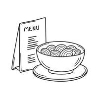 A bowl of udon set on a tray next to a restaurant menu vector