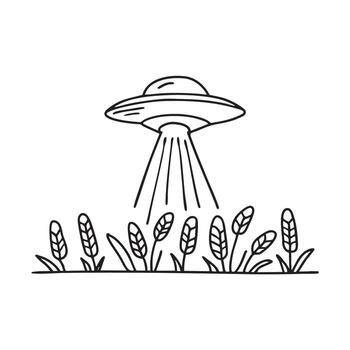 A UFO seen floating behind rows of corn vector