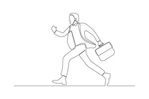 Continuous line art drawing of businessman with a briefcase running. Man running fast to go to work concept background. vector