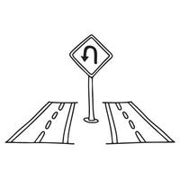 A U turn sign placed at the median in the middle two roads vector