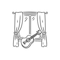 A ukulele lying on a windowsill with the curtains drawn open vector
