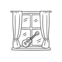 A ukulele resting on a windowsill behind open curtains vector
