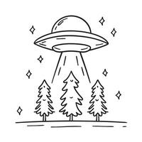 A UFO hovering above pine trees during nighttime vector