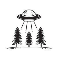 A UFO stationed over pine trees at night vector