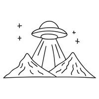 A flying saucer hovering behind faraway hills vector