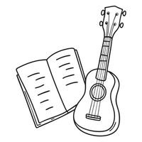 A ukulele resting beside an opened notebook with sheet music vector