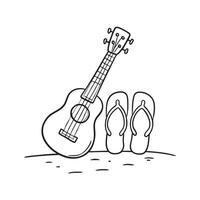 A ukulele set near flip flops resting on beach sand vector