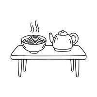 A bowl of udon near a teapot on a low table vector