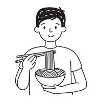 A bowl of udon served before a person grasping chopsticks vector