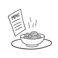 A bowl of udon resting on a tray near a restaurant menu vector