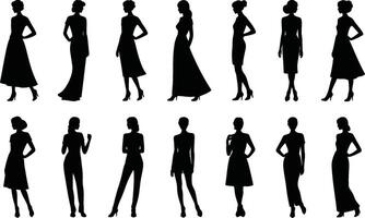 Elegant women silhouettes in various dresses and poses for fashion design projects vector