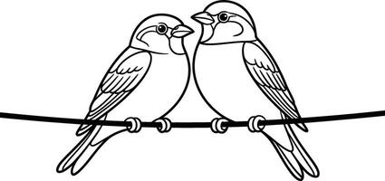 Two sparrows perched on a wire black and white illustration vector