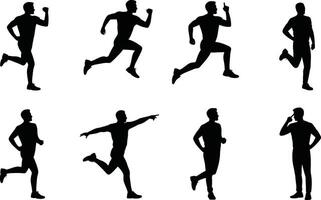 Silhouette art featuring running and jogging men poses in various actions vector