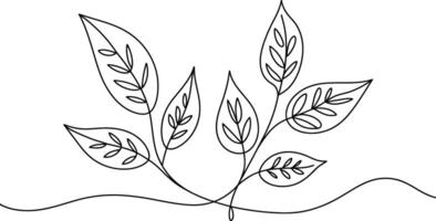 Elegant continuous line drawing of leaves on branches in black and white vector