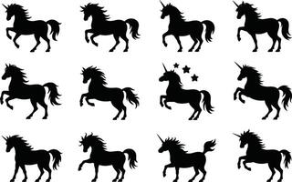 Black unicorn silhouettes art various poses and styles collection vector