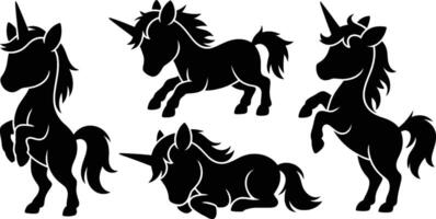 Set of unicorn silhouettes in different poses mythical creature illustration vector