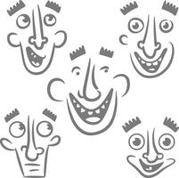 Five Gray Cartoon Faces with Varying Expressions Silhouette Style Simple Line Art Drawings Set vector