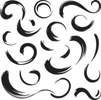Collection of Black Ink Brush Stroke Swirls and Circles Abstract Design Elements Silhouette Graphic Set vector