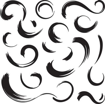 Collection of Black Ink Brush Stroke Swirls and Circles Abstract Design Elements Silhouette Graphic Set
