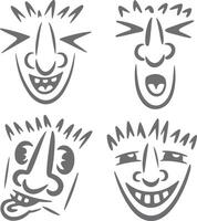 Four Gray Silhouette Cartoon Faces Displaying Diverse Expressions Joyful Laughter Playful Grin and Mischievous Smirk Hand Drawn Style Quirky vector