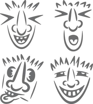 Four Gray Silhouette Cartoon Faces Displaying Diverse Expressions Joyful Laughter Playful Grin and Mischievous Smirk Hand Drawn Style Quirky