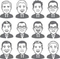 Twelve Gray Scale Silhouettes of Smiling Men in Suits Different Hairstyles and Some with Glasses vector