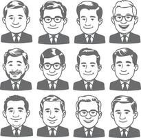 Twelve Gray Scale Silhouettes of Men in Suits Some Wearing Glasses Smiling and Serious Expressions vector
