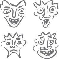 Four Grey Silhouette Cartoon Faces Diverse Expressions Hand Drawn Style Quirky Characters Set vector