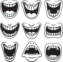 Nine monochrome illustrations of wide open mouths showing teeth and gums various expressions silhouette style vector