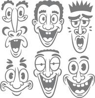Collection of Six Gray Cartoon Faces Showing Various Expressions Silly Funny Grotesque Exaggerated Features Wide Open Mouths Big Eyes Silhouette vector