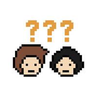 Pixel art of man male boy face with question mark quiz confuse 8 bit. vector