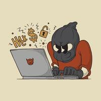 Cartoon hacker using a laptop vector