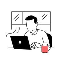 Remote work flat illustration. Man working on laptop with coffee. Comfortable workspace icon. vector