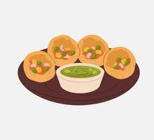 Indian Pani Puri with Green Chutney on Plate vector