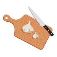 Cutting garlic on a wooden chopping board with a sharp knife vector