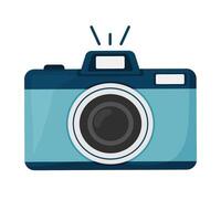 Retro blue camera with flash icon on white background in flat style. vector