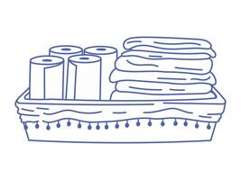 Doodle blue line illustration of decorative tray with stacked paper towel rolls and neatly folded cloths. Minimalist bathroom or laundry room organization concept, isolated on white background. vector