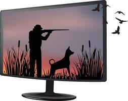 A man with a gun and dog on a computer monitor vector