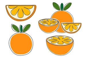 Set of hand drawn oranges, slices, and halves in flat cartoon style. Fresh citrus fruits collection for summer, juice, healthy food, packaging, or textile design. vector