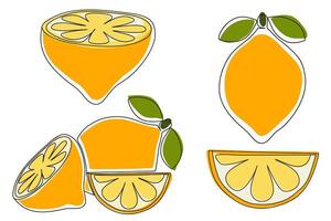 Set of hand drawn lemon, slices, and halves in flat cartoon style. Fresh citrus fruits collection for summer, juice, healthy food, packaging, or textile design. vector