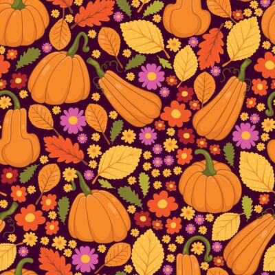 Autumn Pumpkin Seamless Pattern with Colorful Leaves and Flowers. Festive fall background with vegetables, foliage, and florals perfect for invitations, cards, posters, holidays