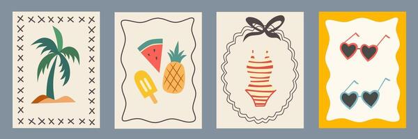 Set of abstract summer poster in sketch doodle style. Modern prints with hand drawn fruits, bow, bikini, palm tree. Creative vacation, beach concept. Trendy flat design for cards, wall art, branding. vector