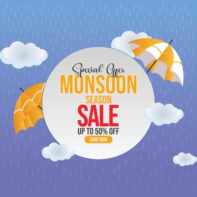 Monsoon sale season design with rain and cloud elements, ideal for creating eye catching promotional banners, posters, and cards to highlight exciting seasonal offers