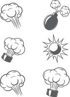 Six Gray Scale Bomb Explosions Smoke Puffs and Silhouette Bomb Illustrations Set Graphic Design Elements vector