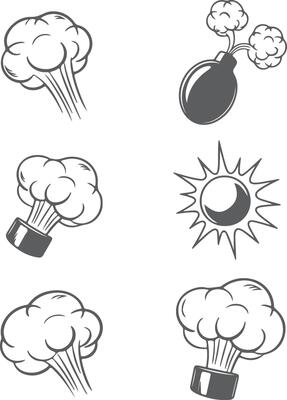 Six Gray Scale Bomb Explosions Smoke Puffs and Silhouette Bomb Illustrations Set Graphic Design Elements